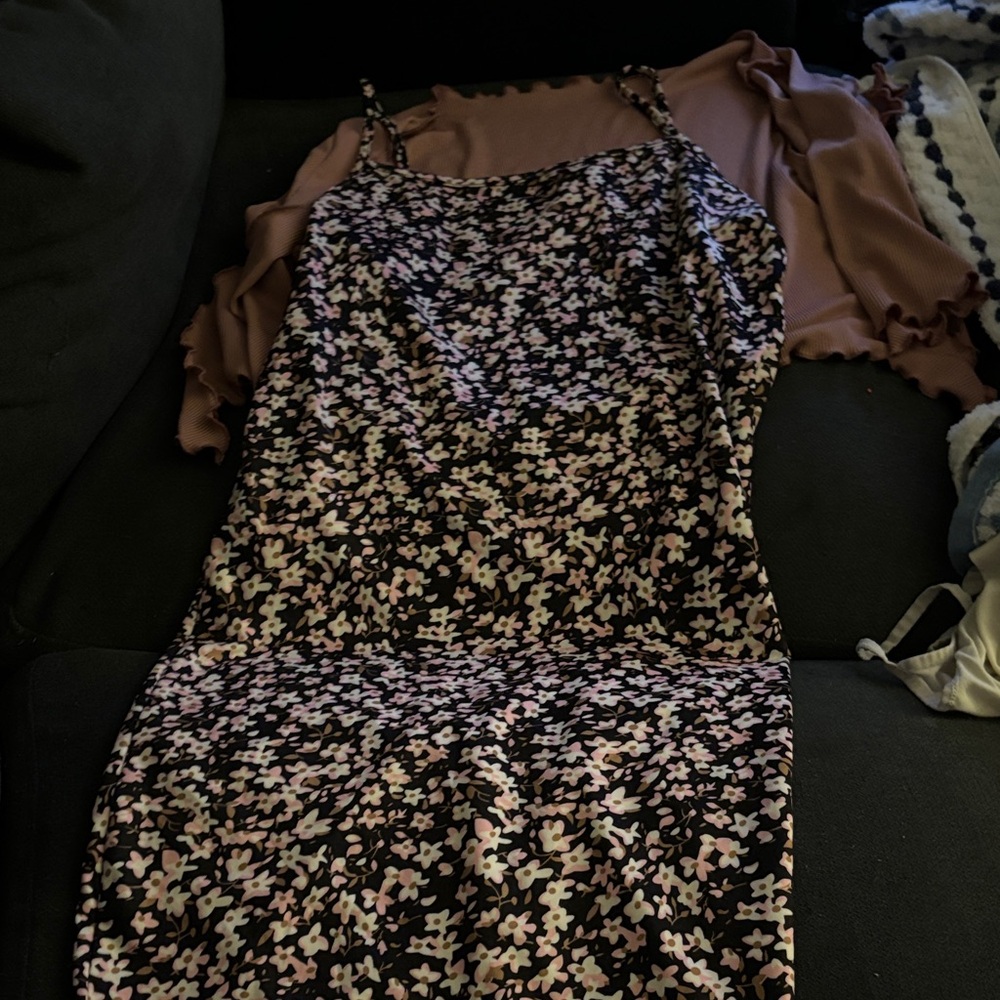 Amazon Floral Slip Midi Dress in Black and Pink